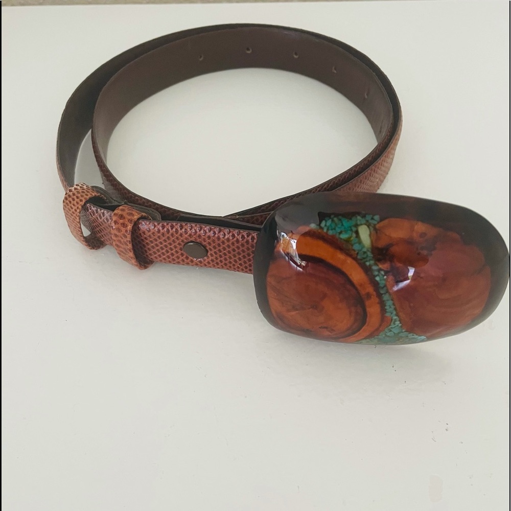 Jeff Deegan Brown Lizard Belt with Turquoise and Wood Buckle Vintage